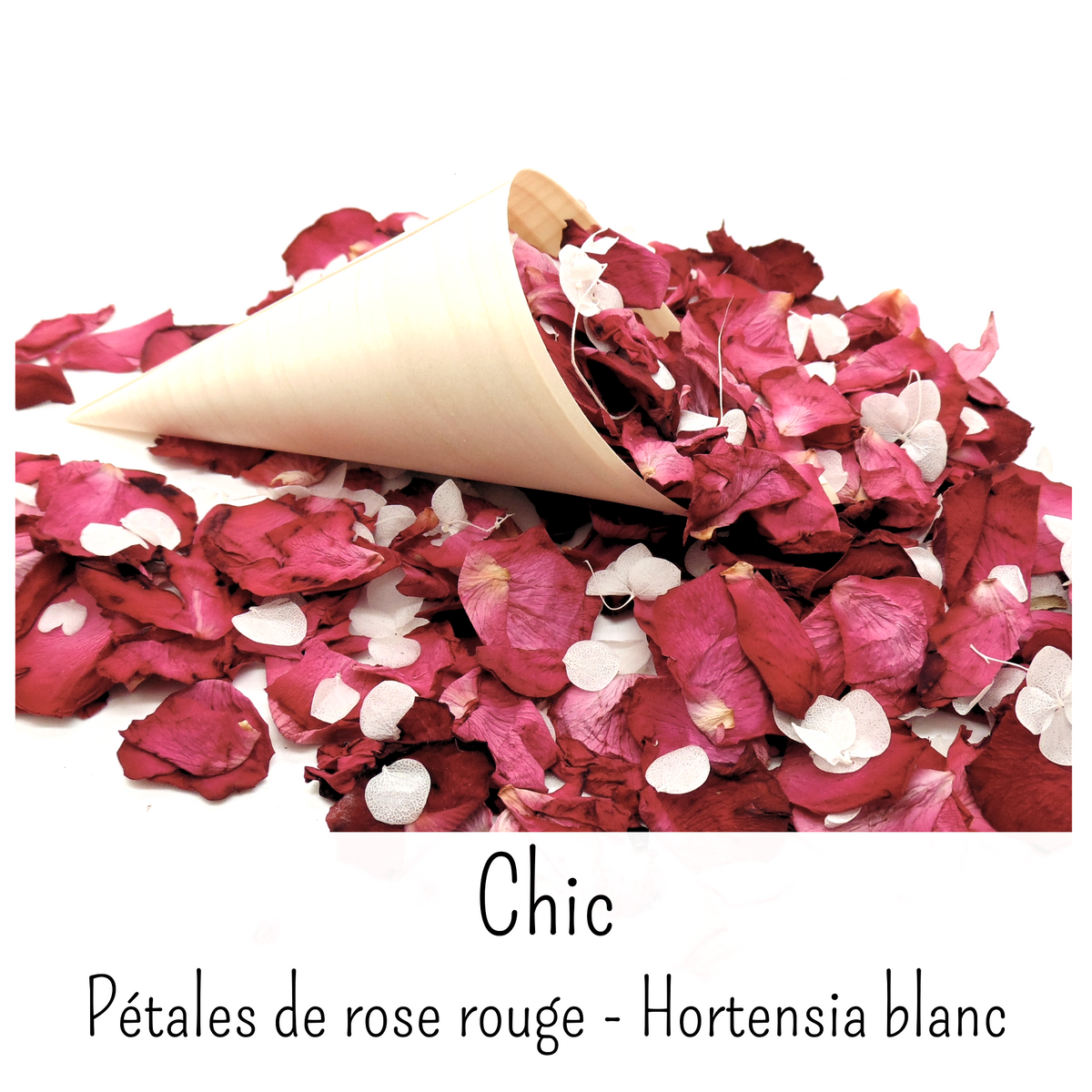 Chic - Pétales de roses rouge cerise et Hortensia blanc