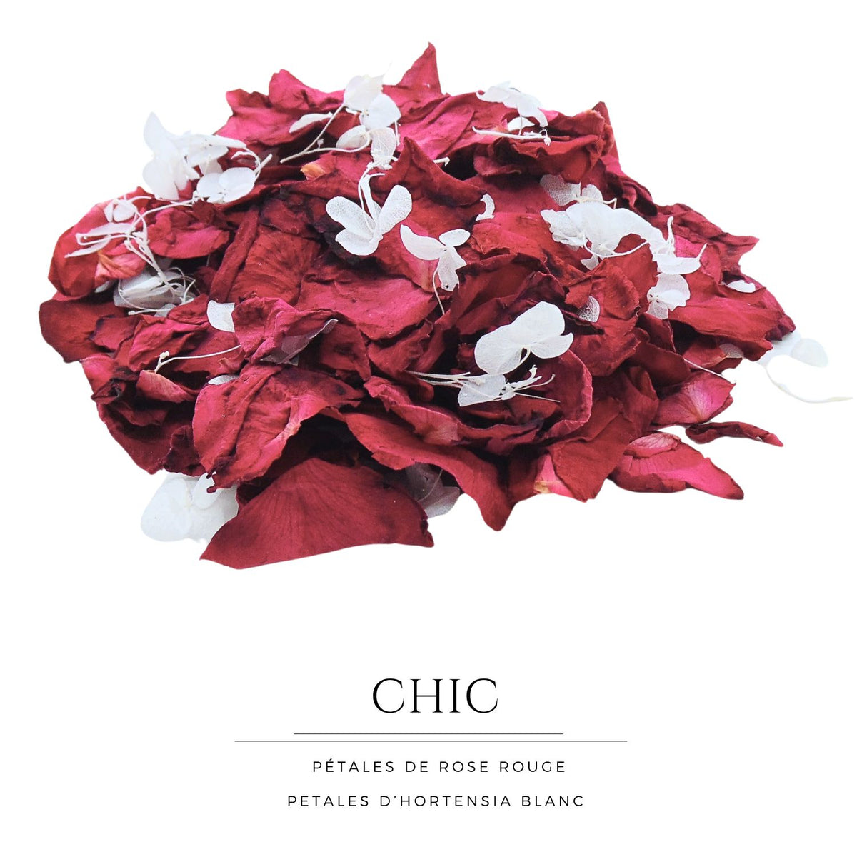 Chic - Pétales de roses rouge cerise et Hortensia blanc